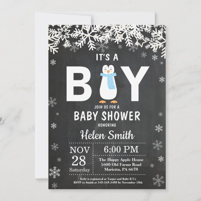 Rustic Penguin Winter Boy Baby shower Invitation (Devant)