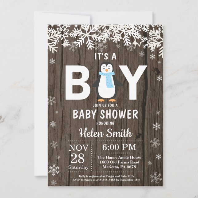 Rustic Penguin Winter Boy Baby shower Invitation (Devant)