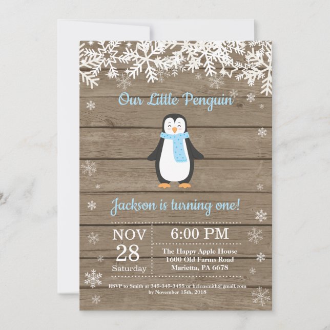 Rustic Penguin Winter Boy Invitation Anniversaire (Devant)