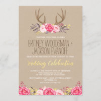 Rustic Peony et Deer Antler Wedding Invitations