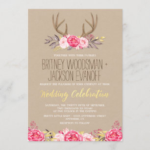 Rustic Peony et Deer Antler Wedding Invitations