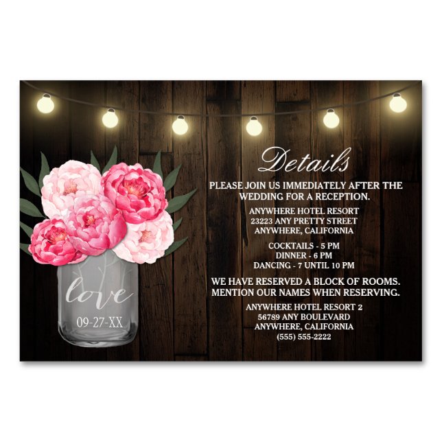 Rustic Peony Mariage Réception Logement Cartes (Devant)