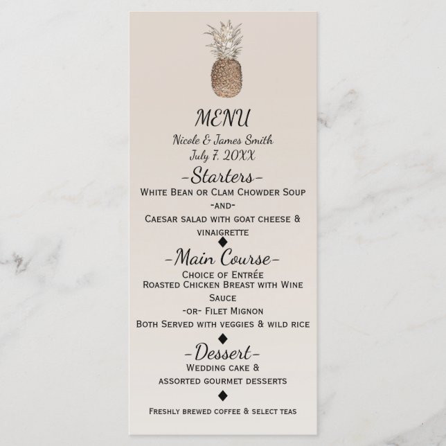 Rustic Pineappy Tropical Hawaiian Menu Mariage (Devant)