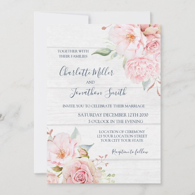 Rustic Pink Floral Spring Wedding Invitations (Devant)