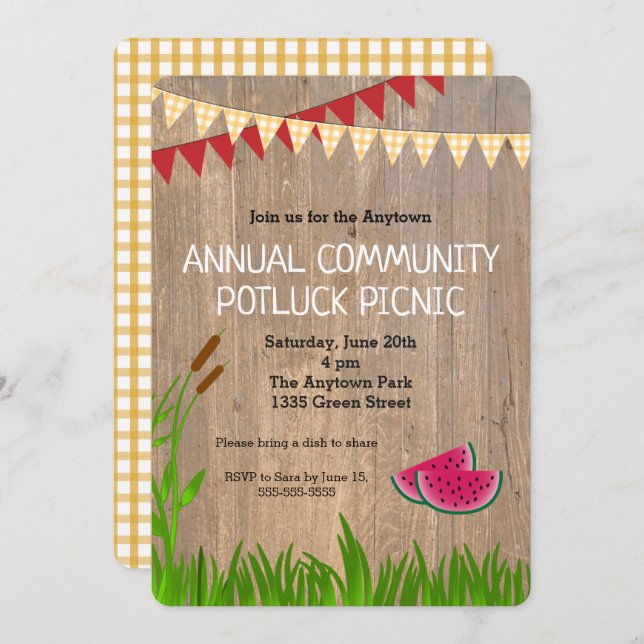Rustic Plaid Community Potluck Picnic Invitation (Devant / Derrière)