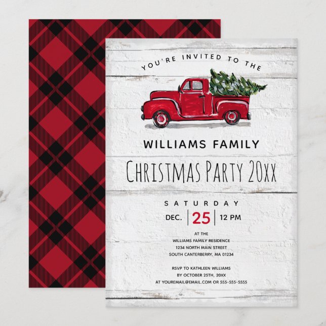 Rustic Red Antique Camion Arbre de Noël Invitation (Devant / Derrière)