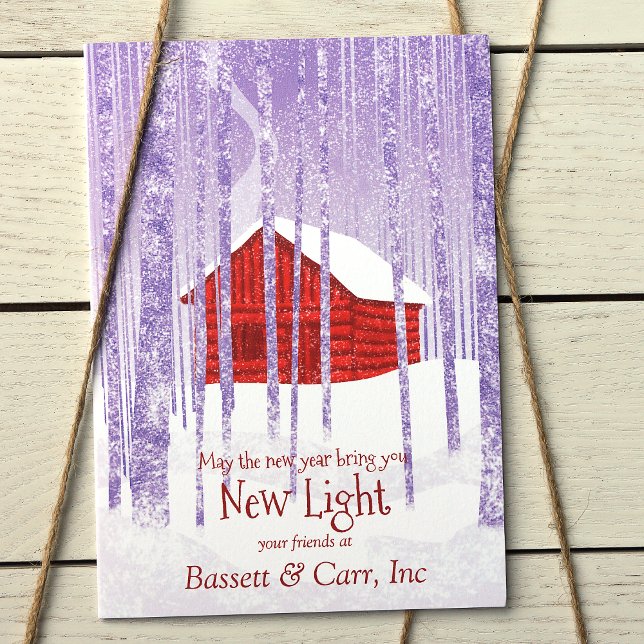 Rustic Red Blue Logo Société Carte de vacances (Red Logo Company Christmas Holiday Greeting Card, Rustic Red Log Cabin, Blue Wintery Forest)