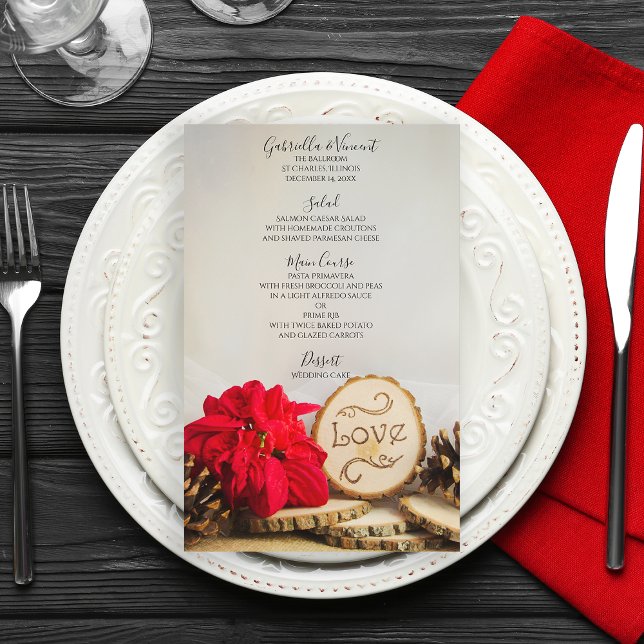 Rustic Red Poinsettia Woodland Winter Wedding Menu (Set the table for your winter woodland event with this rustic menu.)