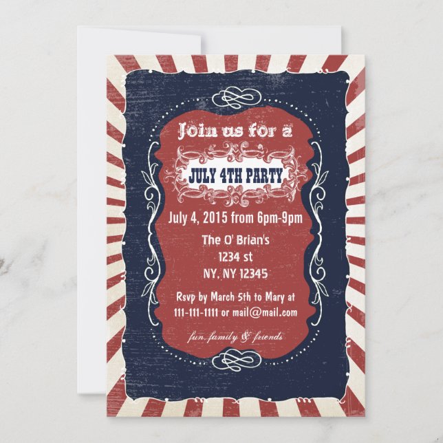 Rustic Retro Invitations Vintages 4 juillet (Devant)