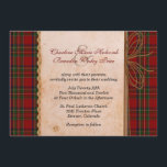Rustic Royal Stewart Plaid Faire-part de mariage<br><div class="desc">Faire-part de mariage rustique coloré à l'allure ancienne fait dans le rouge, vert, bleu, jaune et blanc Royal Stewart tartan plaid motif. Des graphiques en papier d'apparence antique descendent au milieu de l'invitation avec un bord de zigzag décoratif, sur la gauche, et un arc à cordes en cuir, sur le...</div>