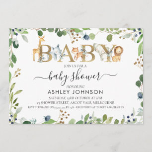 Rustic Safari Animals Invitation Baby shower Word