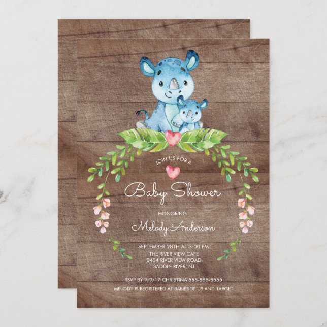 RUSTIC Safari Jungle Hippo Baby shower Invitation (Devant / Derrière)
