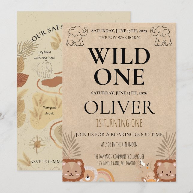 Rustic Safari Wild One 1ère Anniversaire Carte Fêt (Devant / Derrière)