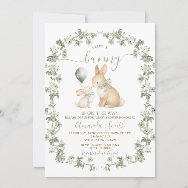Rustic Sage Green Bunny Baby Shower Invitation (Devant)
