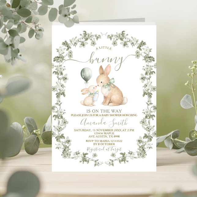 Rustic Sage Green Bunny Baby Shower Invitation (Créateur téléchargé)