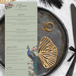 Rustic Sage Green Floral Peacock Bird Mariage Menu