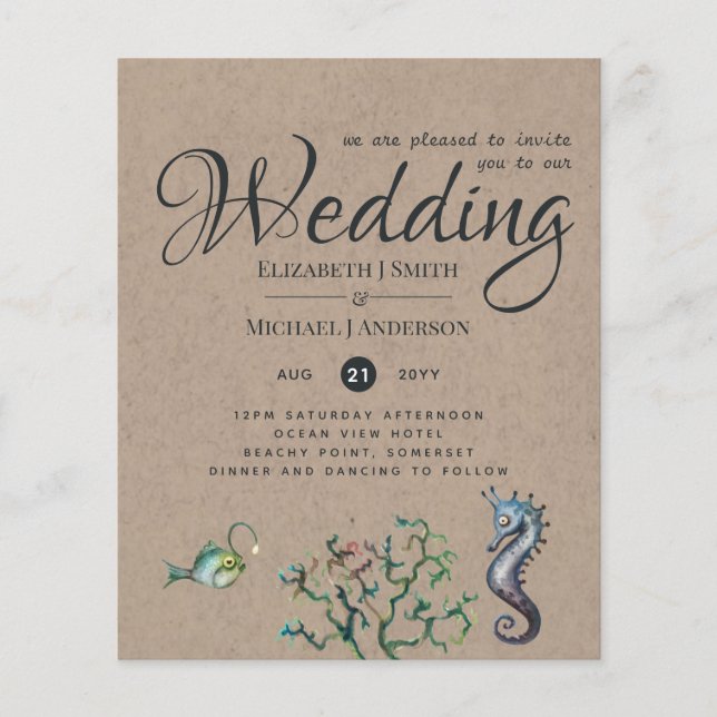 Rustic Seahorse Ocean Mariage de mer Invite Budget (Devant)