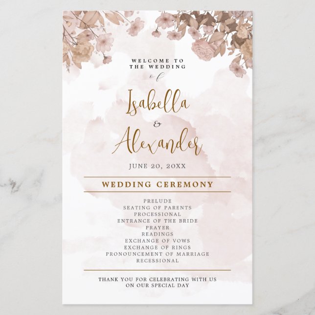 Rustic Sepia Floral - Programme de Mariage Vintage (Devant)