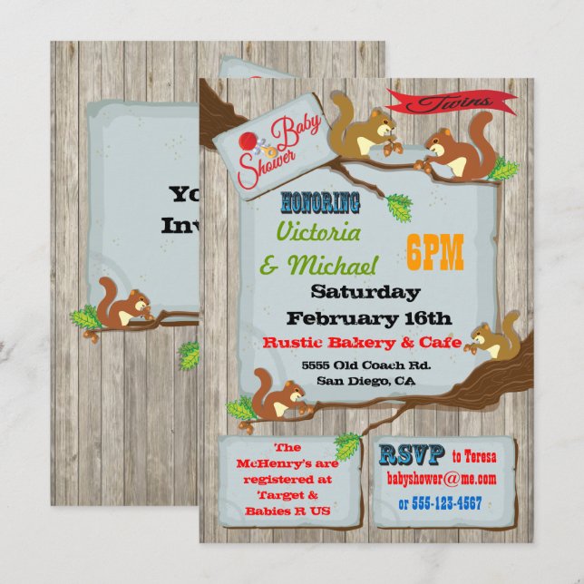 Rustic Squirrels Twins Baby Shower Invitations (Devant / Derrière)