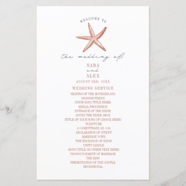 Rustic Starfish Red & Blue Beach Wedding Program (Devant)