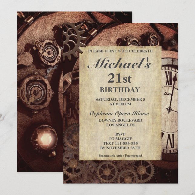 Rustic Steampunk Invitation d'anniversaire Vintage (Devant / Derrière)