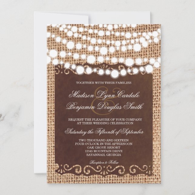 Rustic String Lights Burlap Wedding Invitations (Devant)