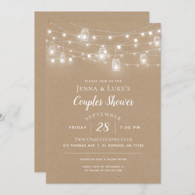 Rustic String Lights Couples Douche Invitation (Devant / Derrière)