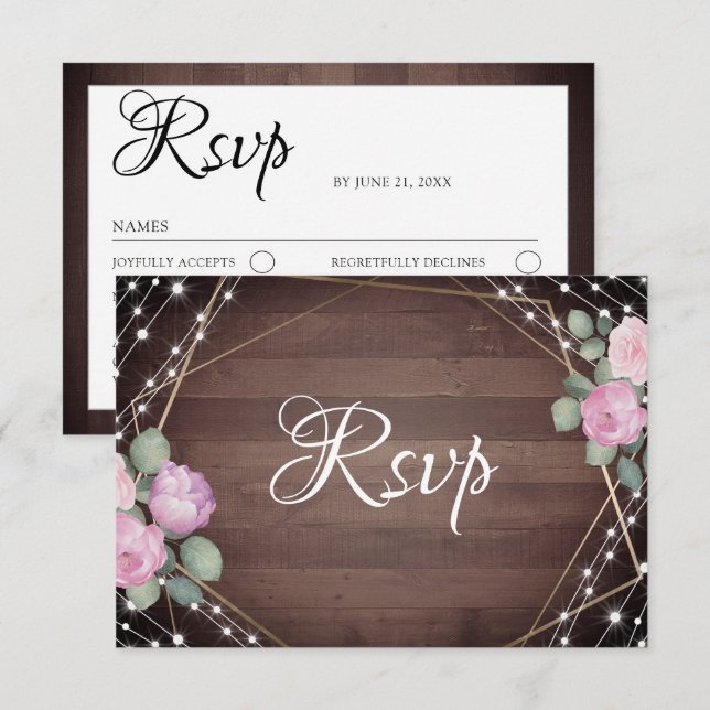 Rustic String Lights Wood & Floral RSVP Wedding  (Devant / Derrière)