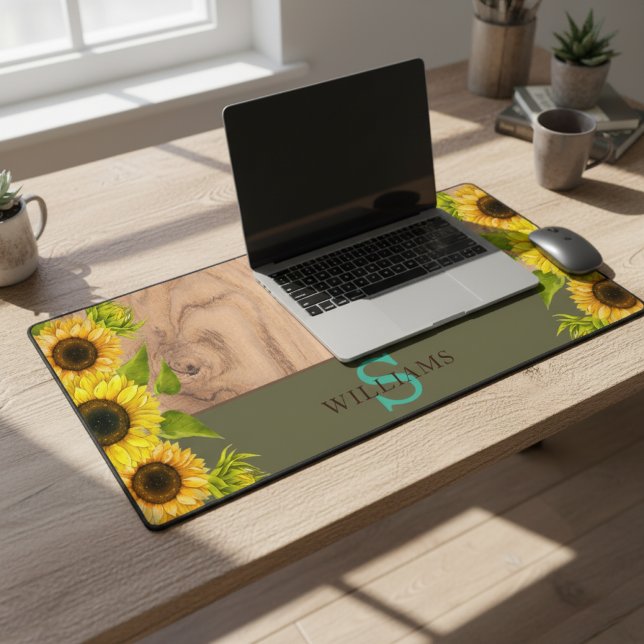 Rustic Style Desk Mat with Sunflowers, Wood Effect (Créateur téléchargé)
