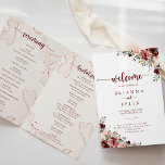 Rustic Summer Floral Programme de mariage plié<br><div class="desc">Ce programme de mariage à fleurs d'été rustique est parfait pour un mariage simple. Le design est composé de fleurs d'aquarelle bordeaux, roses et rousses avec des feuilles verts dans un arrière - plan verni brun. Incluez un devis ou un court message, une commande de service, une fête de mariage...</div>