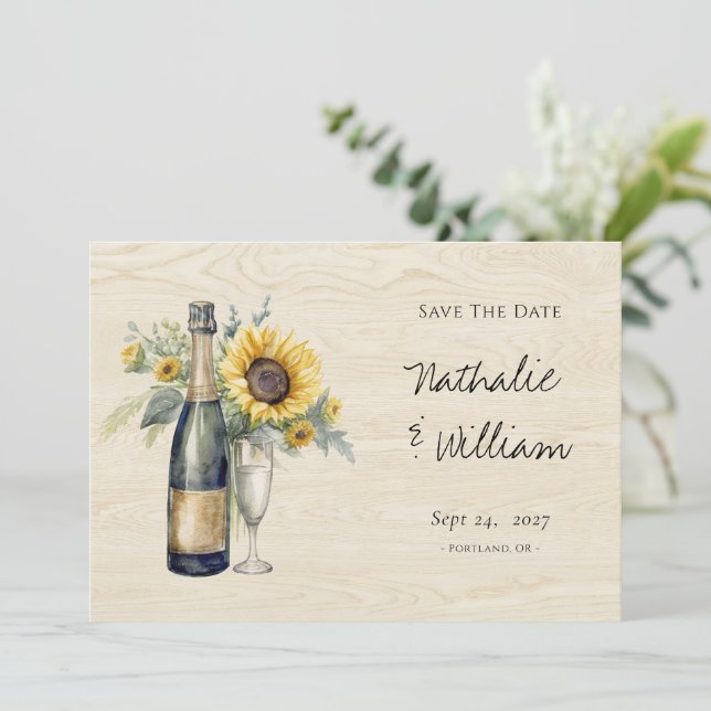 Rustic Sunflower Champagne Save the Date Card (Debout devant)