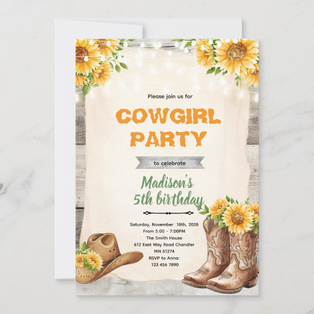 Rustic sunflower cowgirl invitation (Devant)