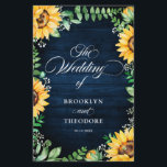 Rustic Sunflower Programme de mariage respiratoire<br><div class="desc">Élégant et moderne programme de mariages campagnards rustiques avec des fleurs de tournesol jaune vif et le cadre floral de bébé souffle / gypsophila avec des feuilles sur arrière - plan de bois de grange bleu marine. S'il vous plaît trouver d'autres modèles et variantes de mon magasin "blissweddingpaperie". Et n'hésitez...</div>