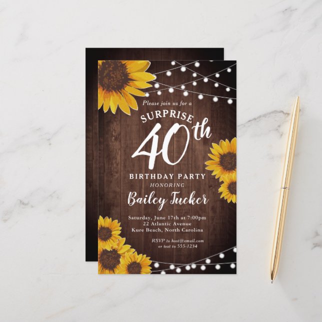 Rustic Sunflower Surprise 40e anniversaire Invitat (Devant/Arrière en situation)
