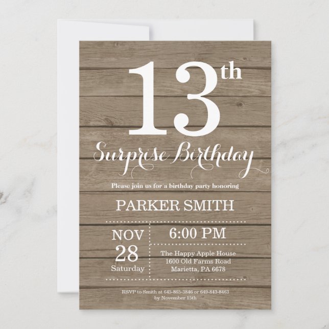 Rustic Surprise 13e anniversaire Invitation (Devant)