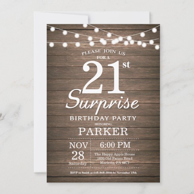 Rustic Surprise 21e anniversaire Invitation Bois (Devant)