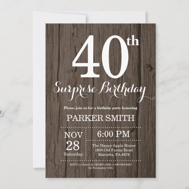 Rustic Surprise 40th Birthday Invitation (Devant)