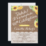 Rustic Surprise 60e Anniversaire Cartes de fête, f<br><div class="desc">Surprise 60th Birthday Party Invitation Cartes pour une dame avec burlap et dentelle effet arrière - plan et joyeuses images tournesol.</div>