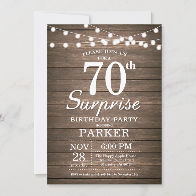 Rustic Surprise 70e anniversaire Invitation Bois (Devant)