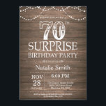Rustic Surprise 70th Birthday Invitation<br><div class="desc">Rustic Surprise 70th Birthday Invitation avec Rustic Wood Arrière - plan. Éclairage à cordes. Country Vintage Retro. Anniversaire adulte. Hommes ou Femmes Anniversaire. Pour plus de personnalisation,  cliquez sur le bouton "Customiser" et utilisez notre outil de conception pour modifier ce modèle.</div>