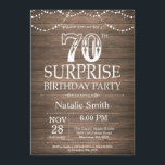 Rustic Surprise 70th Birthday Invitation<br><div class="desc">Rustic Surprise 70th Birthday Invitation avec Rustic Wood Arrière - plan. Éclairage à cordes. Country Vintage Retro. Anniversaire adulte. Hommes ou Femmes Anniversaire. Pour plus de personnalisation,  cliquez sur le bouton "Customiser" et utilisez notre outil de conception pour modifier ce modèle.</div>