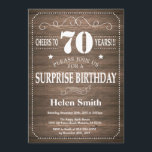 Rustic Surprise 70th Birthday Invitation<br><div class="desc">Rustic Surprise 70th Birthday Invitation avec Rustic Wood Arrière - plan. Vintage Retro. Anniversaire adulte. Hommes ou Femmes Anniversaire. Enfants Garçon ou fille Ado Anniversaire adolescent Invitation . 13ème 15ème 16ème 18ème 20ème 21ème 30ème 40ème 50ème 60ème 70ème 80ème 90ème 100ème. N'Importe Quel Âge. Pour plus de personnalisation, cliquez sur...</div>