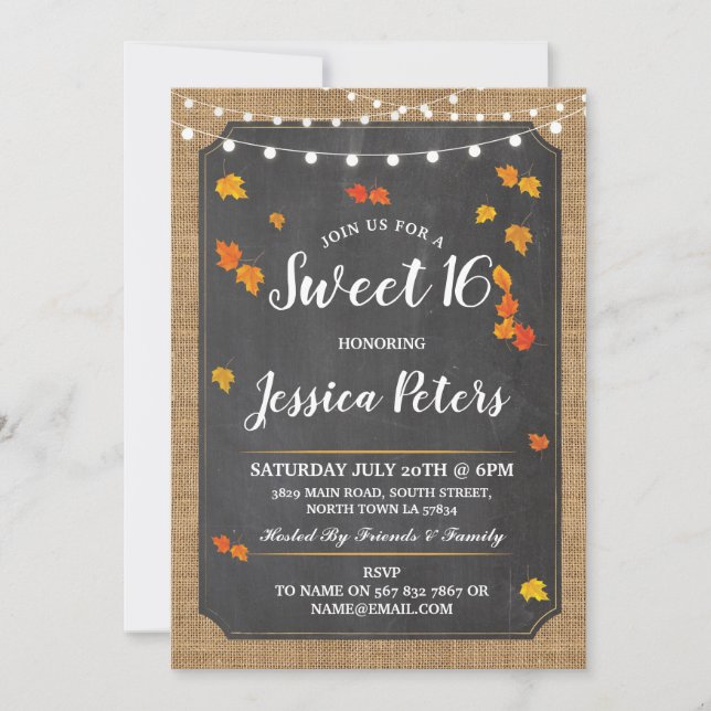 Rustic Sweet 16 Party Chalk Lumières Invitation (Devant)