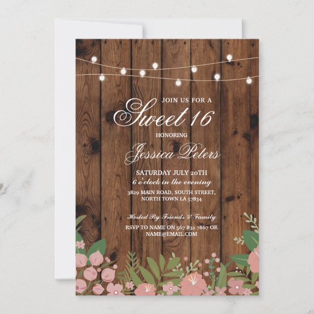Rustic Sweet 16 Party Coral Floral Invitation bois (Devant)