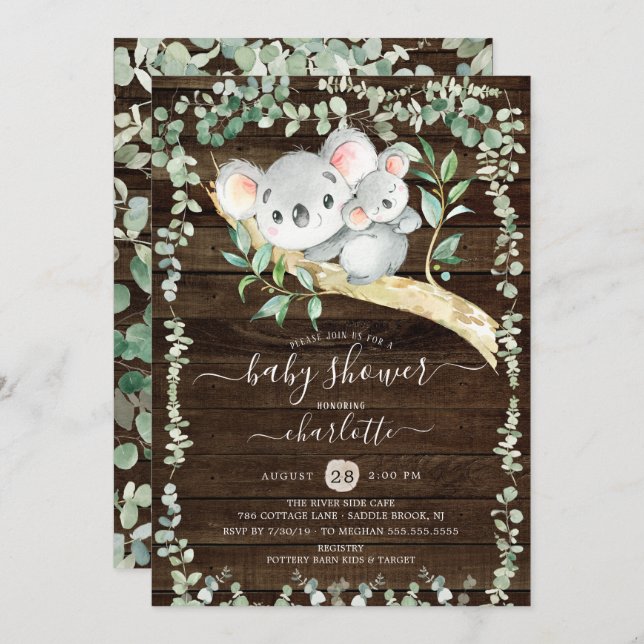 Rustic Sweet Koala Baby shower Ours Invitation (Devant / Derrière)
