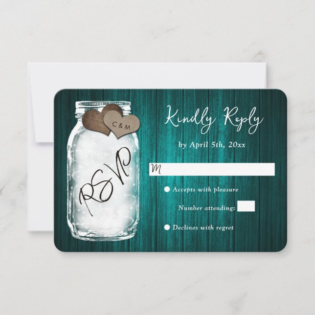 Rustic Teal Mason Jar Wood Wedding RSVP Card (Devant)