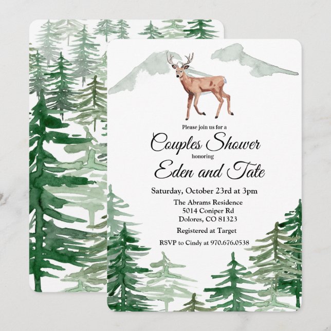 Rustic Tree Deer Couples Douche Invitation (Devant / Derrière)