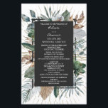 Rustic Tropical Palm Feuille programme de mariage<br><div class="desc">Feuilles de palmiers et autres motifs botaniques autour d'un rectangle gris foncé avec du texte blanc.</div>