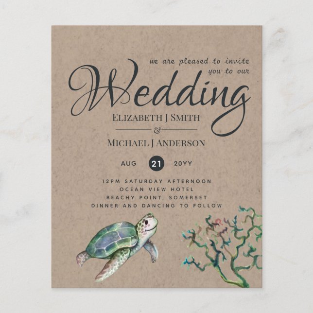Rustic Turtle Océan Mariage Invite Budget (Devant)