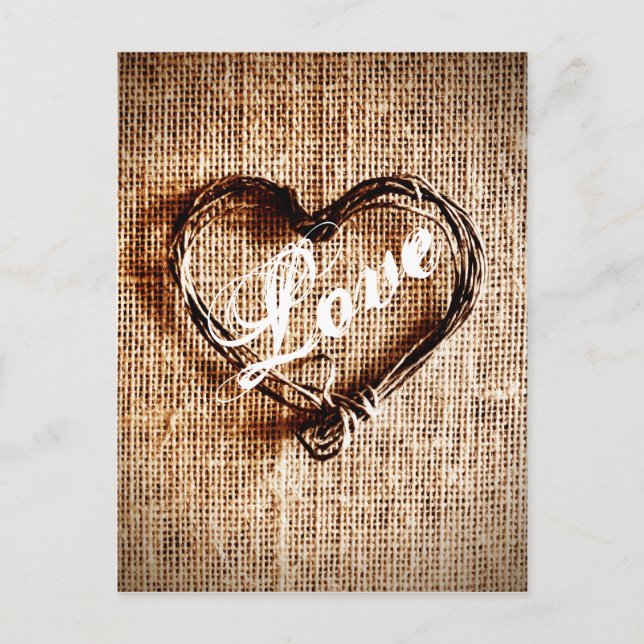 Rustic Twine Heart Burlap Imprimer LOVE Carte post (Devant)